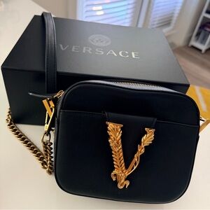 Versace Virtus Camera Bag - Black Leather Crossbody Bag